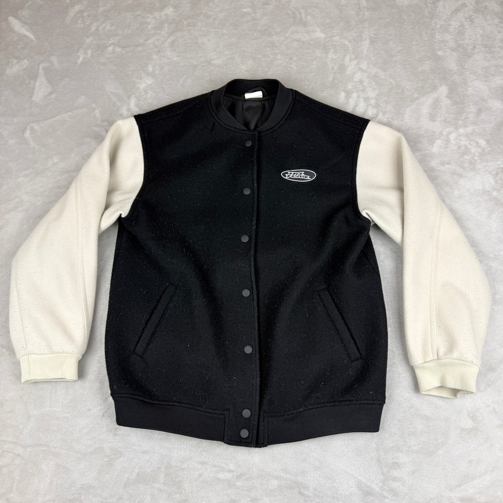 No Fear x HM Varsity Bomber Jacket Men XS Black Cream Embroidered Streetwear Y2K